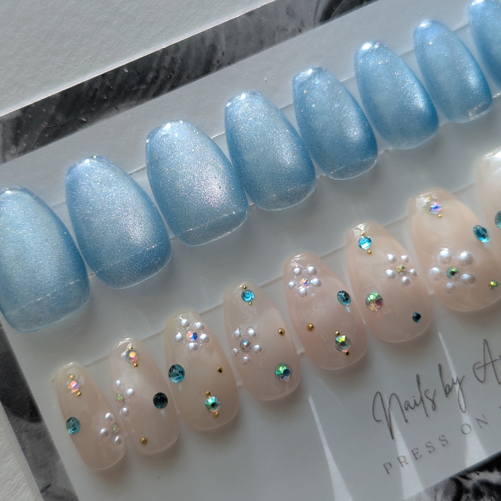 Blue and Nude Press-On Nails with Gem Accents